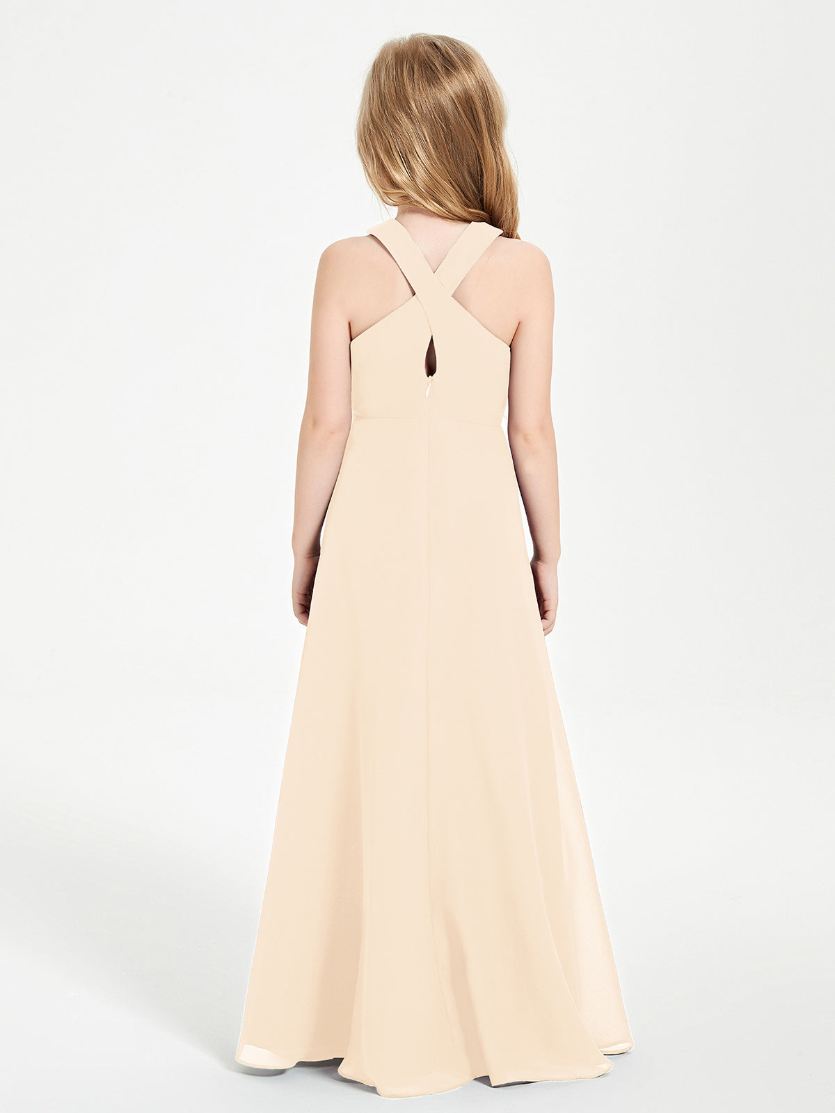 Grecian Neckline Long Dresses for Junior Bridesmaids Peach